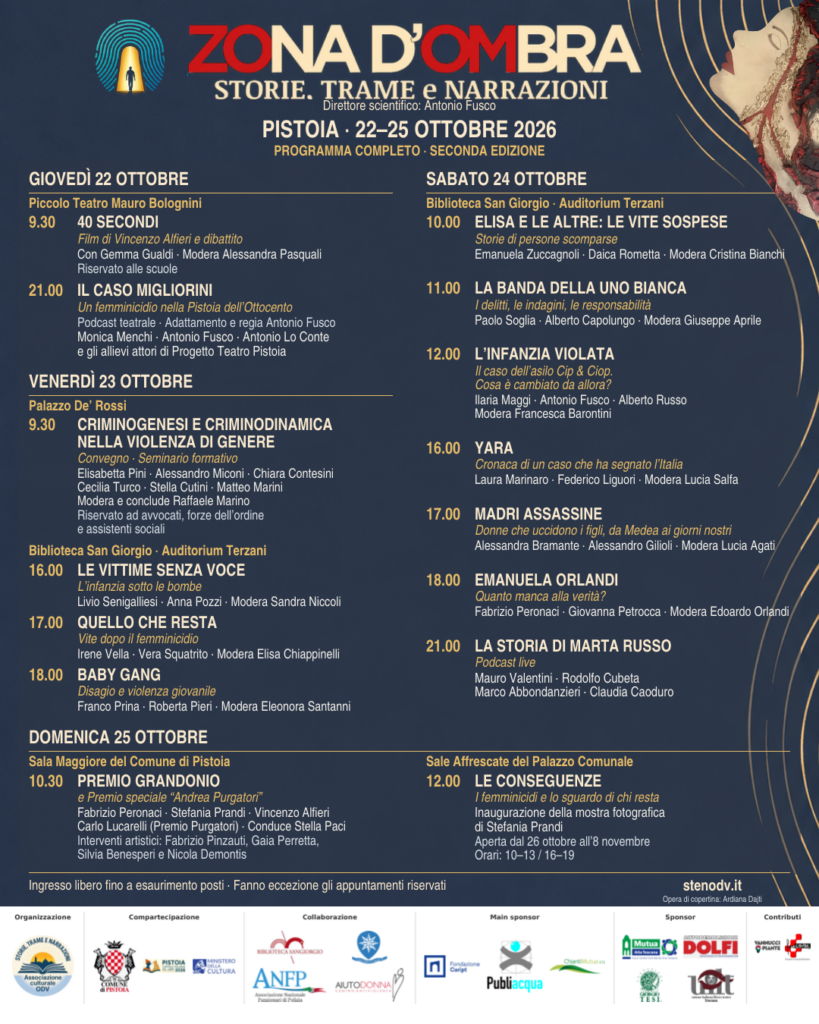 Programma completo di Zona d’Ombra – Storie, trame e narrazioni, Pistoia, dal 22 al 25 ottobre 2026