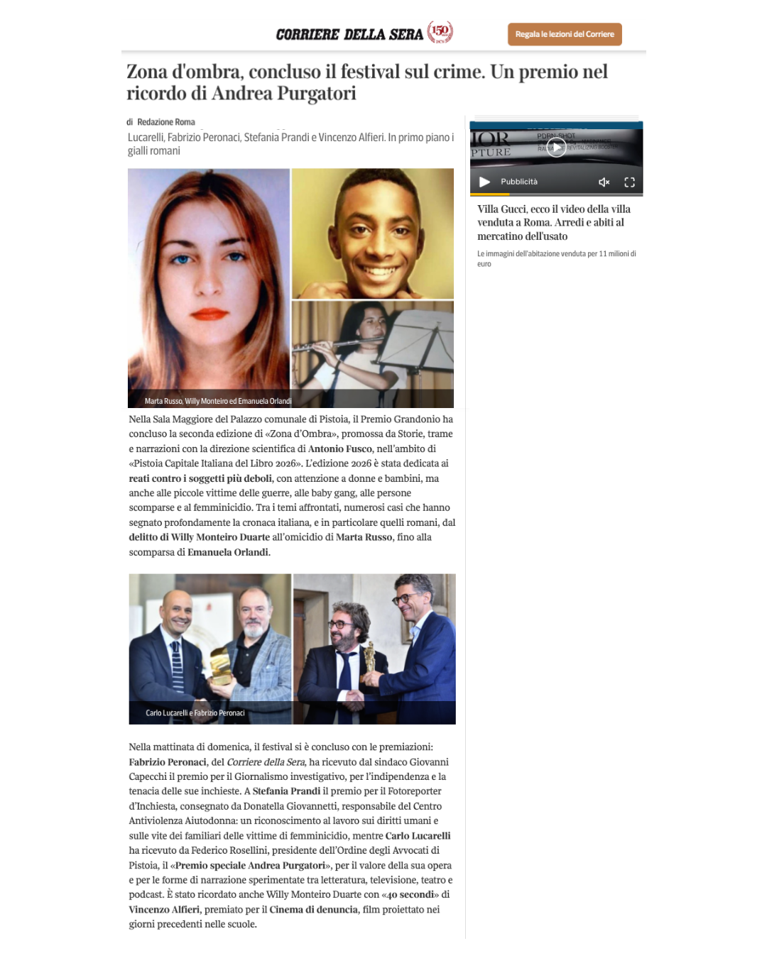 Ritaglio del Corriere della Sera del 25 ottobre 2026 sulla conclusione di Zona d’Ombra e sul Premio Grandonio