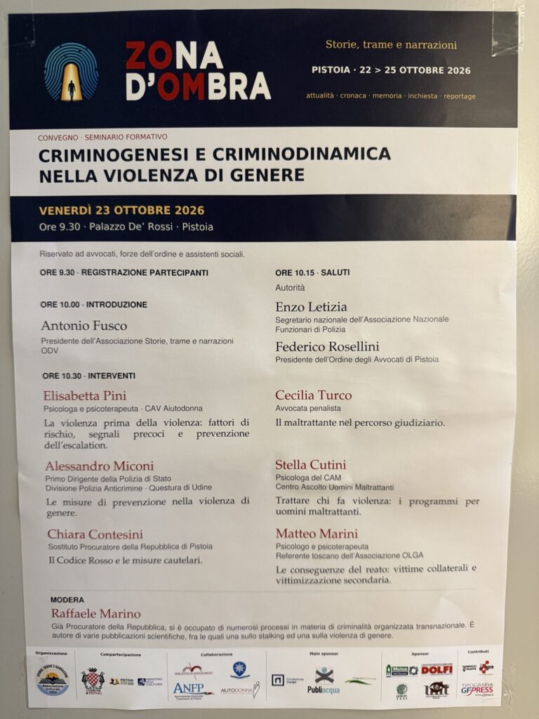 Programma del convegno Criminogenesi e criminodinamica nella violenza di genere, Pistoia, 23 ottobre 2026