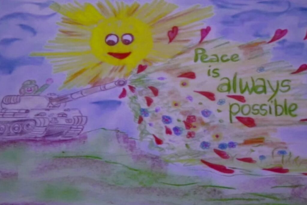 Disegno proiettato con il messaggio Peace is always possible