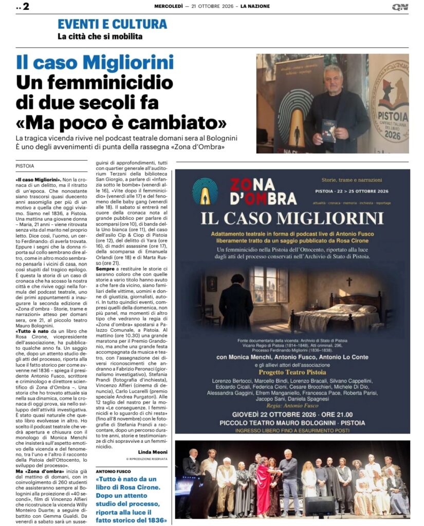 La Nazione del 21 ottobre 2026: Il caso Migliorini, un femminicidio di due secoli fa