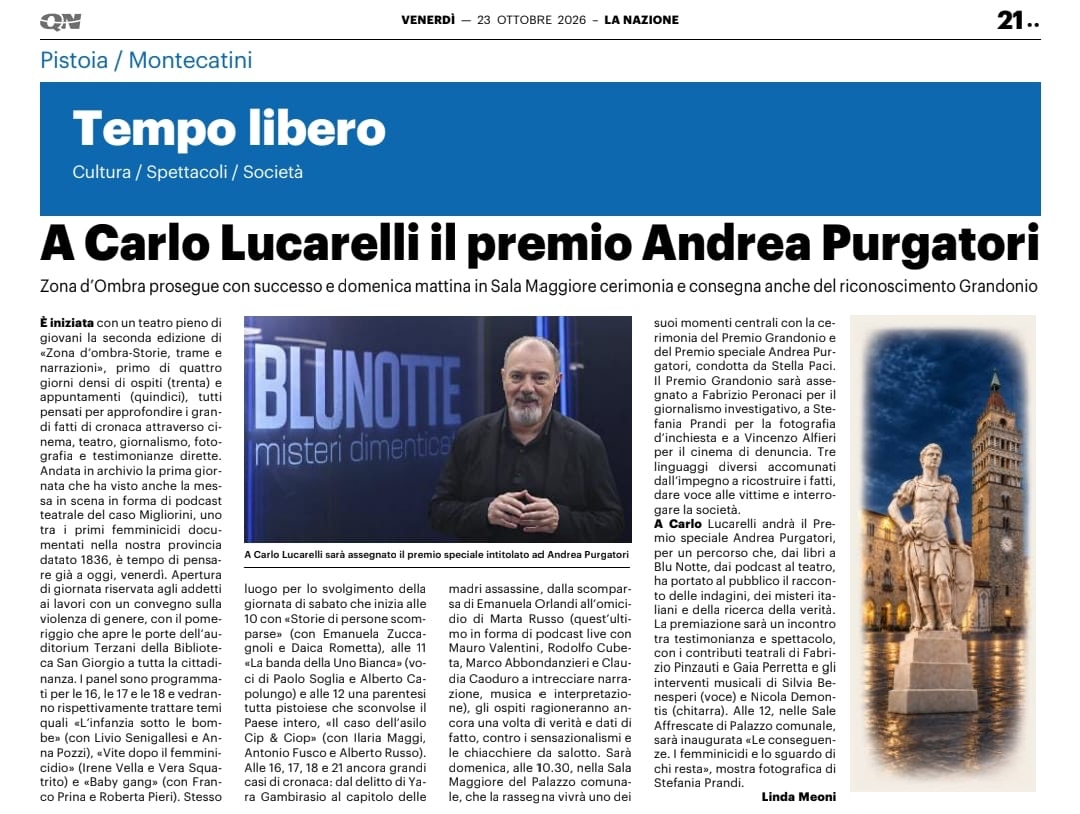 La Nazione del 23 ottobre 2026: A Carlo Lucarelli il premio Andrea Purgatori