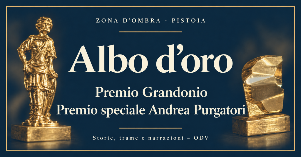 Copertina dell’Albo d’oro con i due premi su sfondo blu: Grandonio a sinistra e Andrea Purgatori a destra.